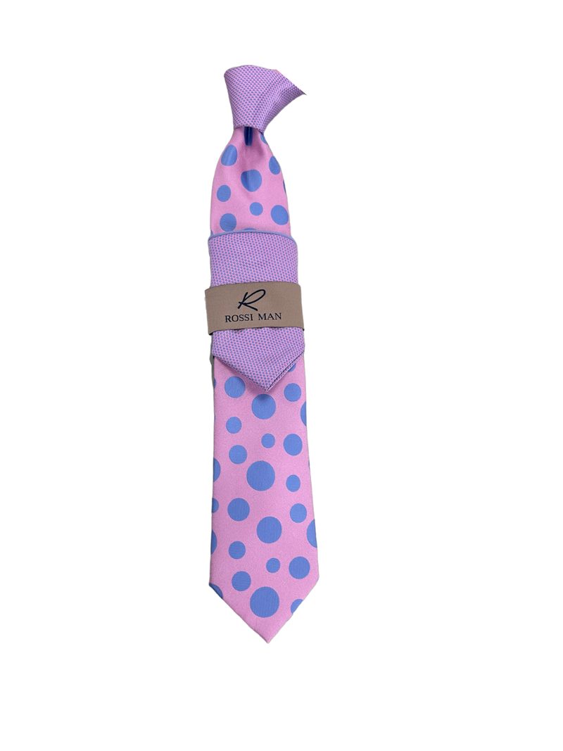 Rossi Man Pink-Blue Dots Print Ties and Hanky Set