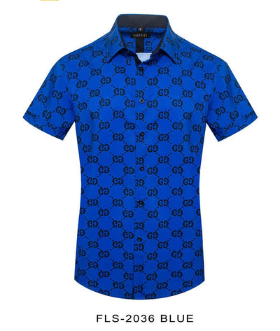 Royal Blue GG Men's Short Sleeve Shirt Fashion Design Luxury Style