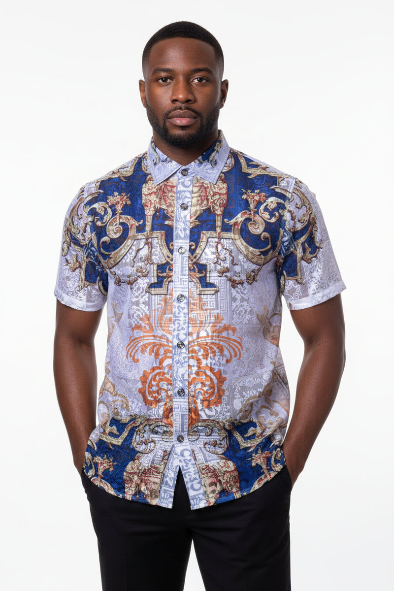 Royal Blue Men's Fashion Design Summer Short Sleeve Shirt # LACE-613