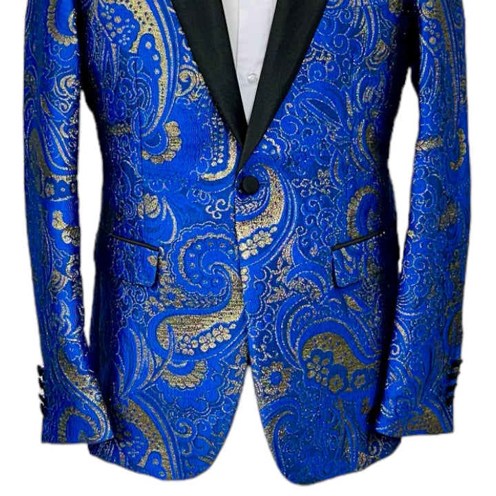 Royal Blue and Gold Paisley Prom Blazer Shall Lapel Slim-Fit with Bowtie