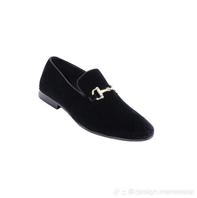 Black Men's Velvet Dress Loafer Slip-On with Gold Buckle Made By Royal Shoes