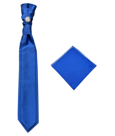 Royal Blue Pre-Tied Necktie Cravat with Sliver Diamonds Ring and Handkerchief Set