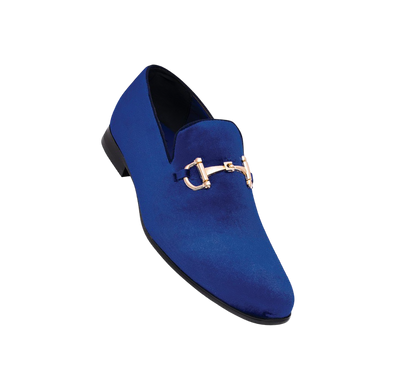 Royal shoes men's royal blue velvet slip on loafers gold buckle