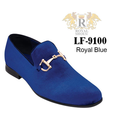 Royal shoes men's royal blue velvet slip on loafers gold buckle