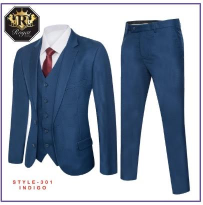 Royal suit slim-fit flat front pants with vest 3 Pieces indigo color men suit