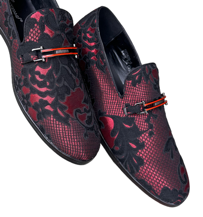 Stylish Men's Red and Black Slip-On Penny Loafers Paisley Floral Shoes Luxury Design