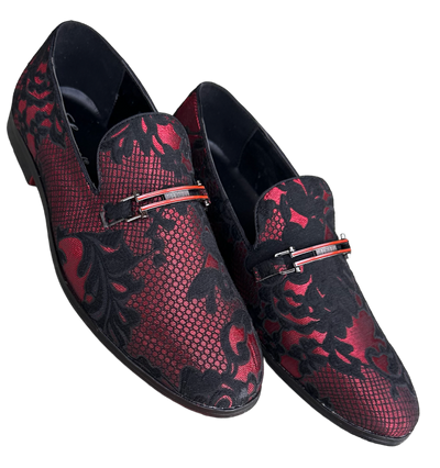 Stylish Men's Red and Black Slip-On Penny Loafers Paisley Floral Shoes Luxury Design