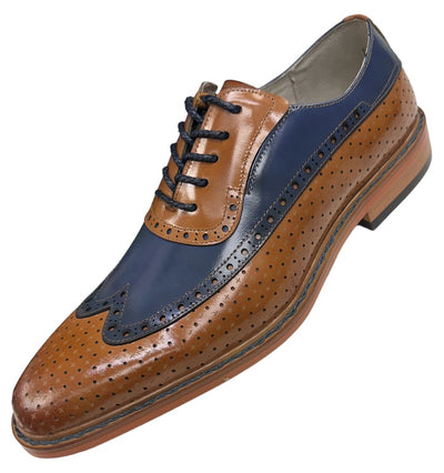 Tan-Blue Men's Two-Tone Lace-Up Wing tip Oxford Giovanni Dress Shoes