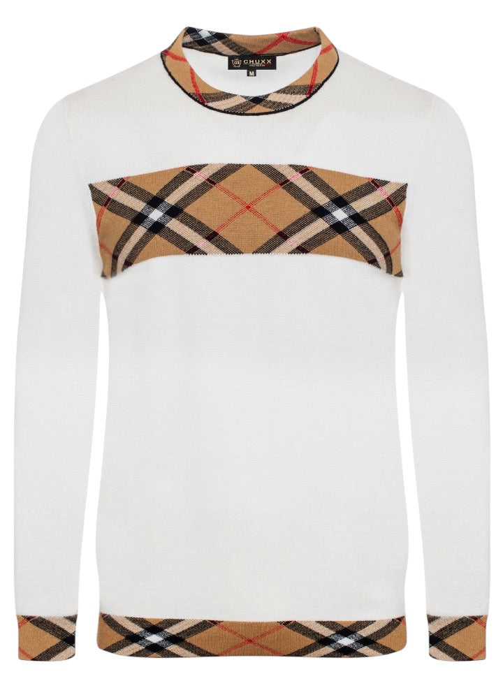 White Crewneck Sweater Plaid Design Men&