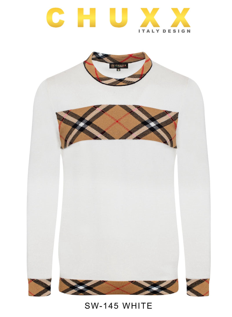 White Crewneck Sweater Plaid Design Men&