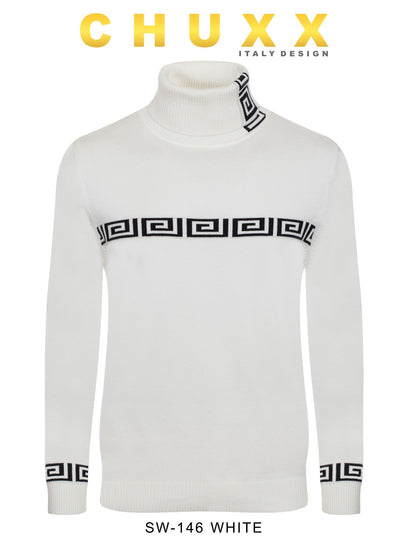 White Greek Key Italian Designer Men's Turtleneck Sweater Regular-Fit SW-146