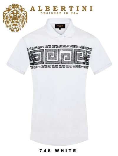 White Men's Greek Key Printed Short Sleeve Polo Shirt Regular-Fit