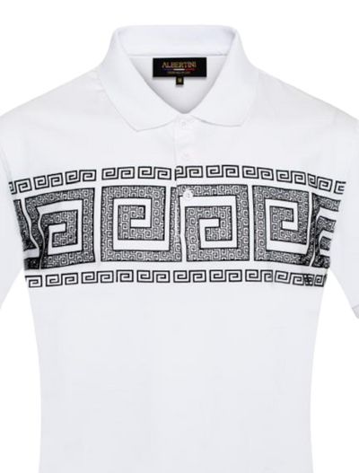 White Men's Greek Key Printed Short Sleeve Polo Shirt Regular-Fit