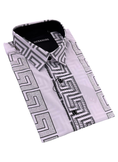 White Men's Long Sleeve Shirt Stretch Material Greek Key Print with Dimond Stone