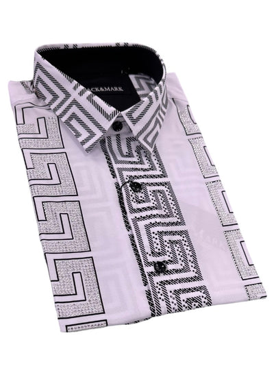 White Men's Long Sleeve Shirt Stretch Material Greek Key Print with Dimond Stone