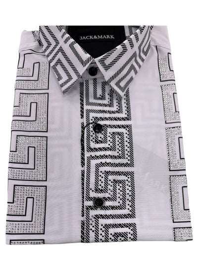 White Men's Long Sleeve Shirt Stretch Material Greek Key Print with Dimond Stone