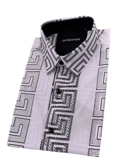 White Men's Long Sleeve Shirt Stretch Material Greek Key Print with Dimond Stone