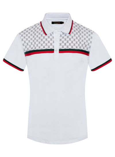 White Men's Luxury Design Short Sleeve Polo Red and Green Strip Style No: 3015