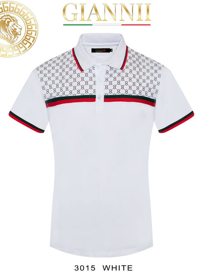 White Men's Luxury Design Short Sleeve Polo Red and Green Strip Style No: 3015