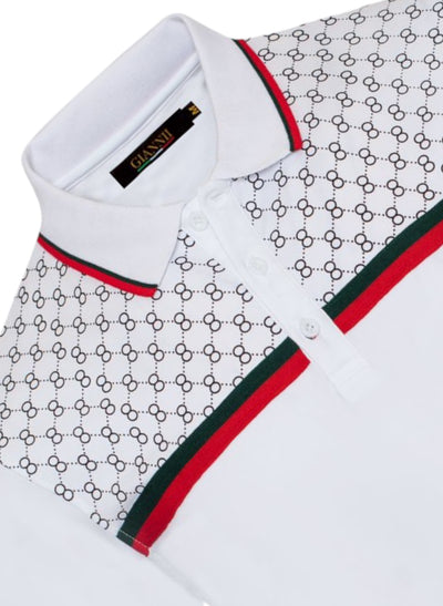 White Men's Luxury Design Short Sleeve Polo Red and Green Strip Style No: 3015