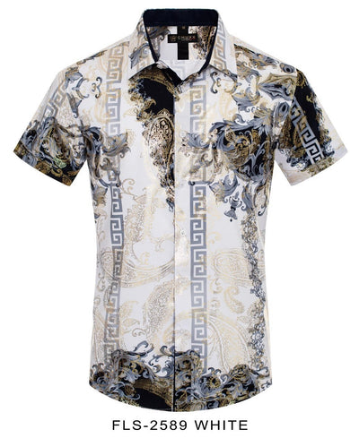 White Men's Multi Color Short Sleeve Shirt Button Down Luxury Style - DESIGN MENSWEAR