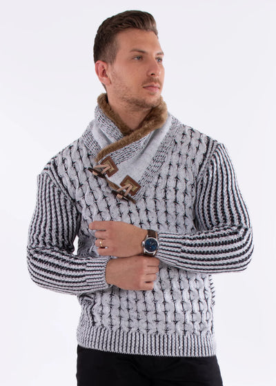 White Men's Pullover Sweater Shawl Fur Collar Side Pockets