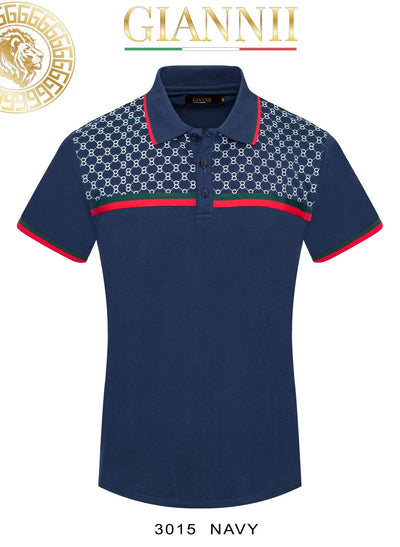 Navy Blue Men's Luxury Design Short Sleeve Polo Italy Design Red and Green Strip