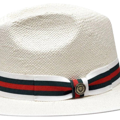 White Men's Straw Fedora Hat Flat Wide Brim Red and Green Band Ventino Collection