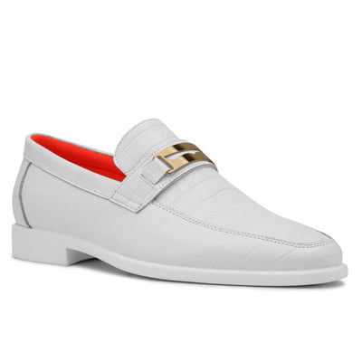 White Men's TAYNO Slip-on Shoes Croco Print Gold Bit Loafer - The Caprio C