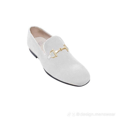 White Velvet Men's Dress Loafer Slip-On with Gold Buckle Made By Royal Shoes