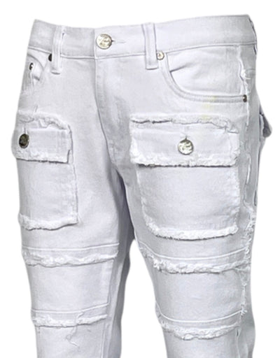 White Stacked Jeans Men's Denim Pants Frayed Stack Fit with Pockets