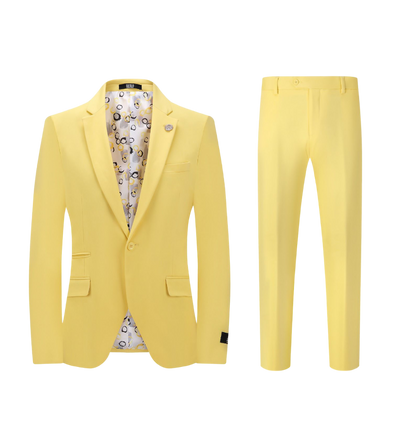 Yellow men's slim fit suit one button notch lapel flat front pants stretch fabric