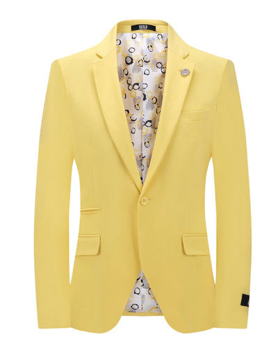 Yellow men's slim fit suit one button notch lapel flat front pants stretch fabric