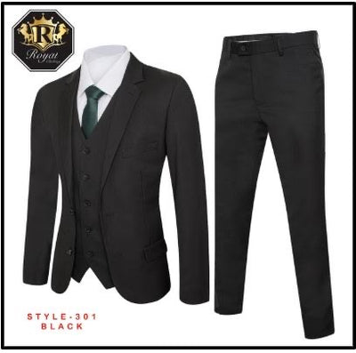 Royal Suit Black Men's Slim-Fit Suit Flat Front Pants with Vest