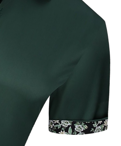 Hunter green men's short sleeve shirts stretch material paisley cuff design on the sleeves