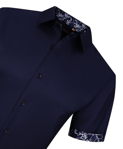 Men's navy blue short sleeve shirts stretch material cuff on the sleeves