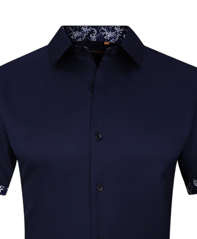 Men's navy blue short sleeve shirts stretch material cuff on the sleeves