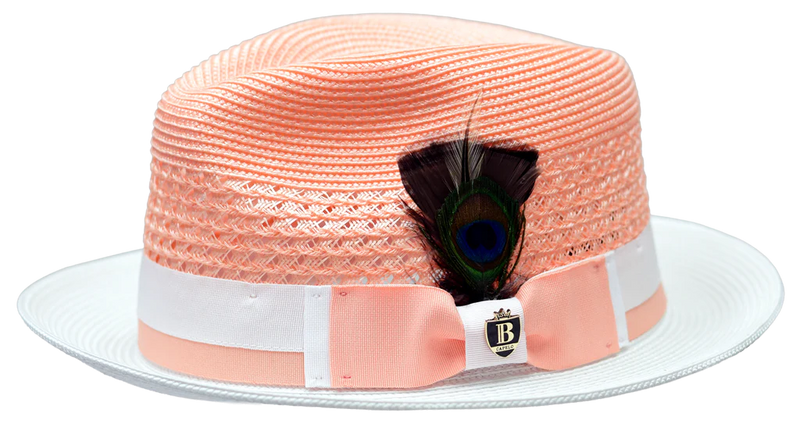 Wide Brim Straw Fedora Hat in Peach with Ribbon Band Peach Wide Brim Fedora Hat by Montique – Suits & More main image 4