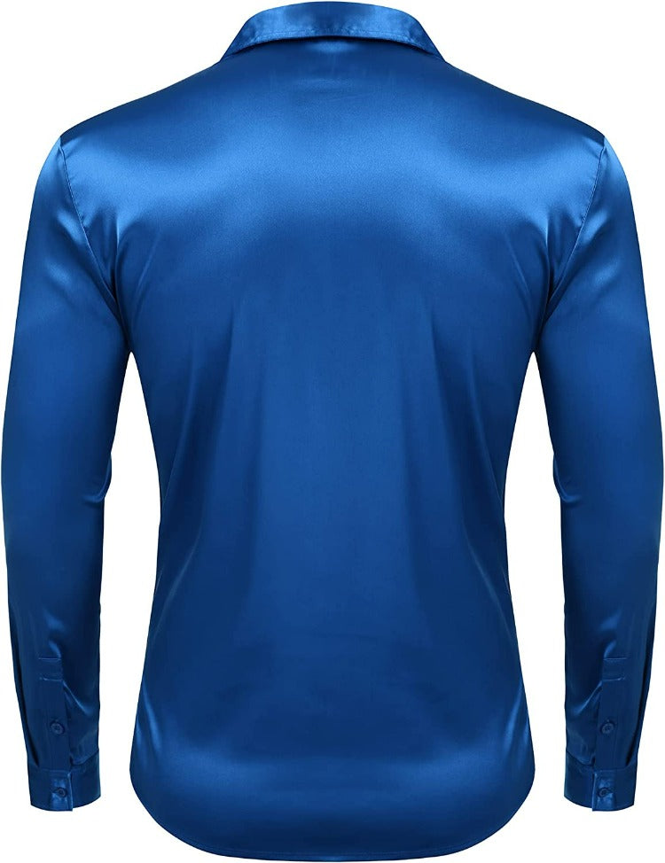 Men's Shiny Royal Blue Satin Dress Shirt Long Sleeve Casual Slim Fit 3XL / Royal Blue / Slim Fit Men's Shiny Royal Blue Satin Dress Shirt Long Sleeve Casual Slim Fit 3XL / Royal Blue / Slim Fit