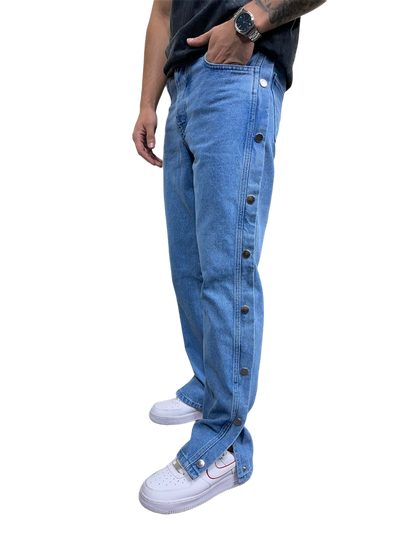 Fancy style men's blue jeans side buttons loose fit - Design Menswear