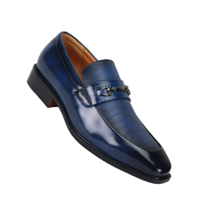 Blue men's Slip on dress shoes silver buckle