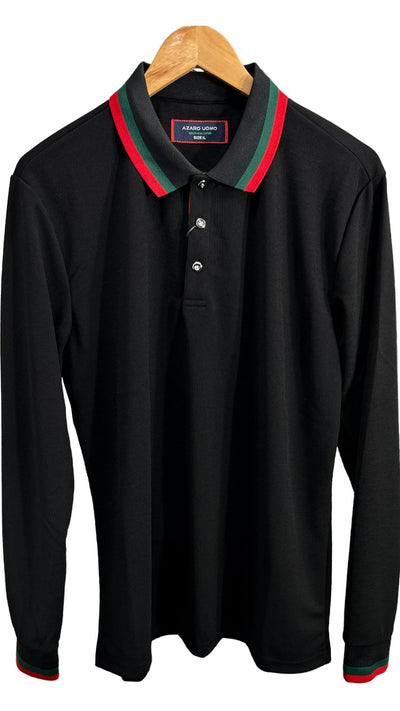 Men's Black long sleeve polo Green and Red Collar - Design Menswear