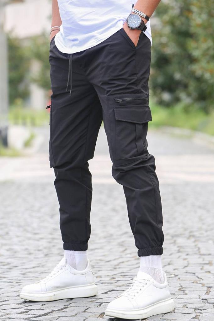 Mens Black Cargo Pants Elastic Bottom 2 Pockets With Zipper Slim Fit