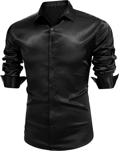 Black Men's Shiny Satin Silk Dress Shirt Long Sleeve Casual Slim Fit - Design Menswear