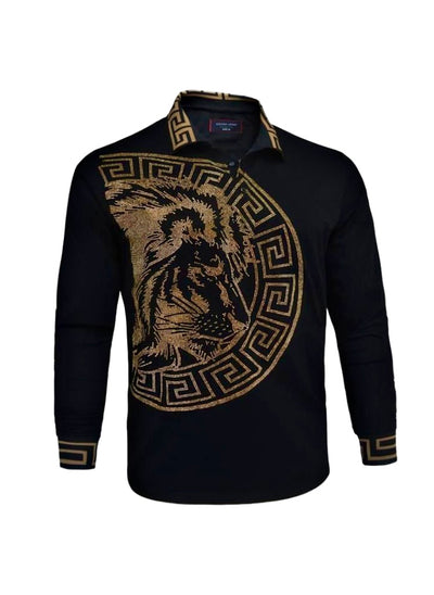 Black Lion Border Print Men's Long Sleeve Polo Shirt - Design Menswear