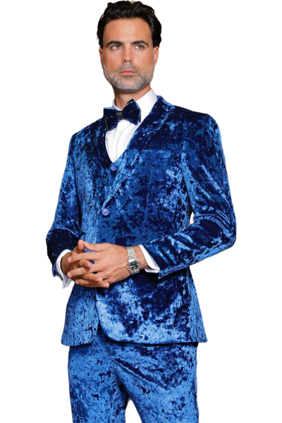 Manzini Blue Velvet Tuxedo Men's Slim Fit Single Breast One Buttons Vested and Bowtie - Design Menswear