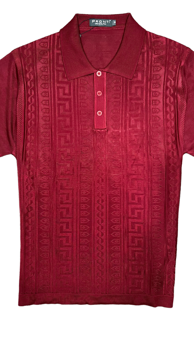 Men's Burgundy Polo T-Shirt Greek Key Design Short Sleeves - Design Menswear