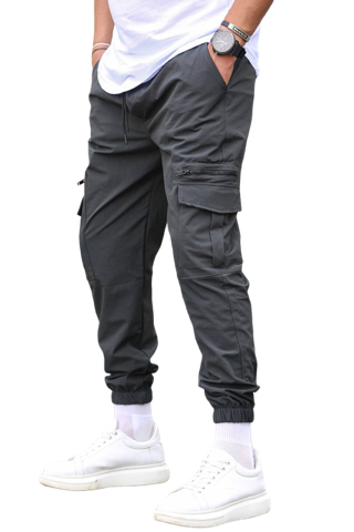 Mens Black Cargo Pants Elastic Bottom 2 Pockets With Zipper Slim Fit Design Menswear