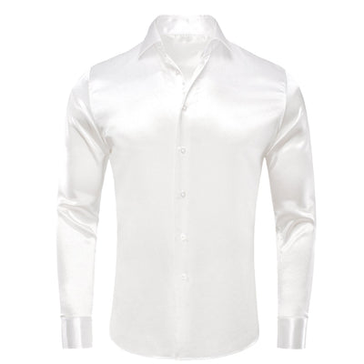 White Men's Shiny Satin Silk Dress Shirt Long Sleeve Casual Slim Fit - Design Menswear