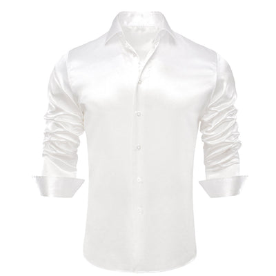 White Men's Shiny Satin Silk Dress Shirt Long Sleeve Casual Slim Fit - Design Menswear